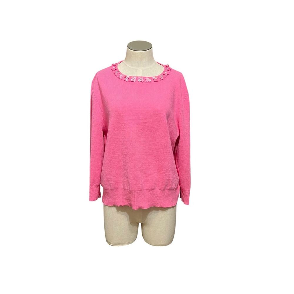 Barbiecore Coquette Pink Flower Pearl Trim Marled 3/4 Sleeve Knit Top Sz M